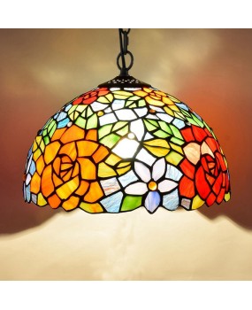 Europa Tiffany Countryside Creative Art Colored Glass Retro Restaurant Pendant Red Rose 12 inch Lighting