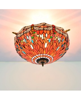 55CM European Tiffany Colored Glass Guest Restaurant Bar Bedroom Retro Ceiling Light Red Bottom Dragonfly Celebration Light