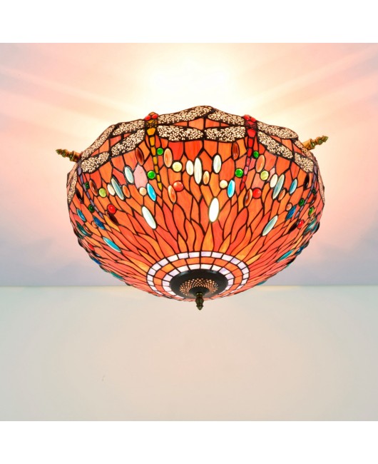 55CM European Tiffany Colored Glass Guest Restaurant Bar Bedroom Retro Ceiling Light Red Bottom Dragonfly Celebration Light