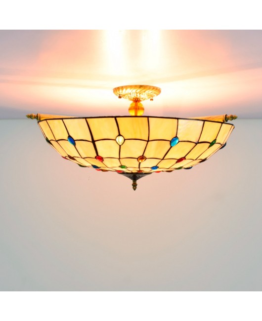 65CM European Tiffany Art Warm Color Colored Glass Guest Restaurant Bar Bedroom Colored Bead Semi Ceiling Light