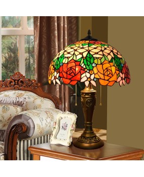 40CM Euro Tiffany Vintage American Countryside Rose Art Glass Living Room Desk Lamp Zipper Light