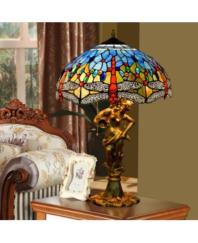 40CM Europa Tiffany Mediterranean Blue Dragonfly Colored Glass Bar Restaurant Bedroom Beauty Desk Lamp