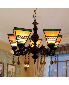 Europa Tiffany Colored Glass Restaurant Bedroom Bar Clubhouse Internet Cafe Warm Square Crystal 5-Head Pendant Light