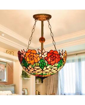 Europa Tiffany Colored Glass Living Room Restaurant Bar Clubhouse Red Rose Reverse Pendant 40CM