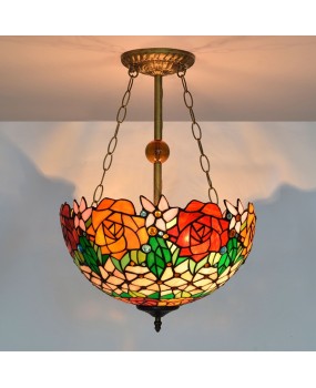 Europa Tiffany Colored Glass Living Room Restaurant Bar Clubhouse Red Rose Reverse Pendant 40CM