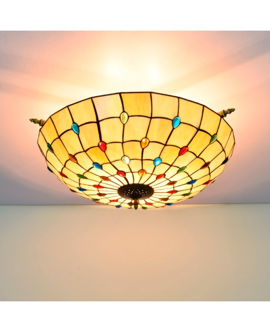 65CM European Tiffany Art Warm Color Colored Glass Guest Restaurant Bar Bedroom Colored Bead Semi Ceiling Light