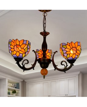 Europa Tiffany Countryside Colored Glass Blue Background Sunflower Personalized Restaurant Decoration Three Head Glass Pendant Light