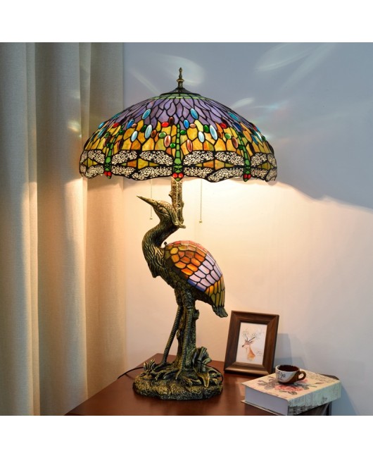 Europa Tiffany Male Crane Vintage Bar Desk Lamp Colored Glass Living Room Restaurant Hotel Art Dragonfly Lamp