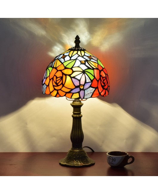American style European style Tiffany colored glass rose personalized decoration bedroom bedside table lamp bar 20CM lamp