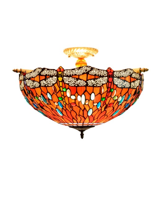 55CM European Tiffany Colored Glass Guest Restaurant Bar Bedroom Retro Ceiling Light Red Bottom Dragonfly Celebration Light