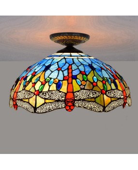 40CM European Blue Dragonfly Tiffany Colored Glass Dining Room Bedroom Corridor Glass Ceiling Light