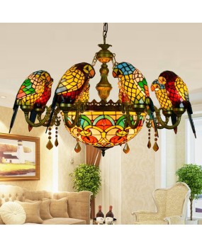 Europa Tiffany Countryside Creative Colored Glass Living Room Restaurant Bar Clubhouse Parrot Bird Multi Head Hanging Light Fixture