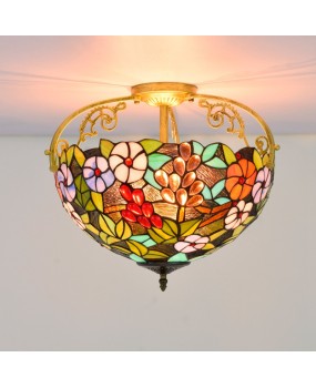 40CM Euro Tiffany Vintage Grape Flower Colored Glass Restaurant Bedroom Corridor Glass Half Ceiling Light