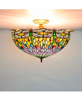 55CM European Tiffany Green Colored Glass Guest Restaurant Bar Bedroom Art Ceiling Light Dragonfly Glass Light