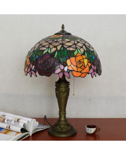 40CM Euro Tiffany Vintage American Countryside Rose Art Glass Living Room Desk Lamp Zipper Light