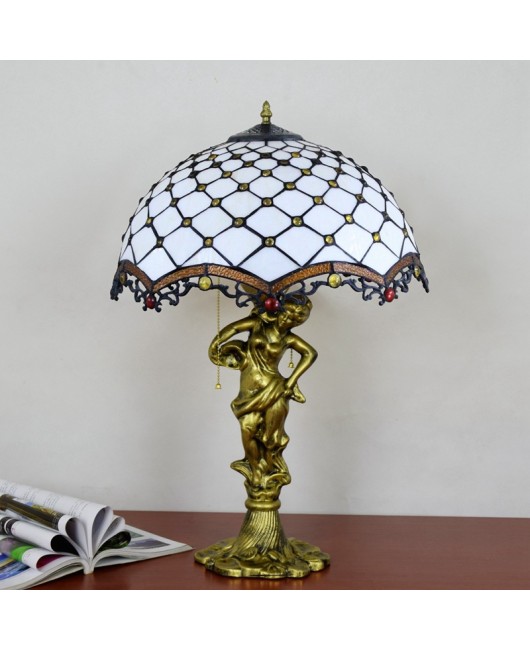 40CM Euro Tiffany Mediterranean White Beads Colored Glass Living Room Dining Room Bedroom Beauty Alloy Desk Lamp