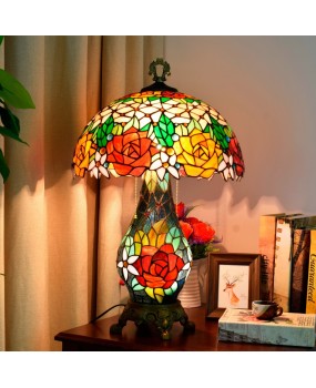 American rose countryside retro mother and child desk lamp, living room dining room bedroom, European Tiffany handmade glass lighting fixture