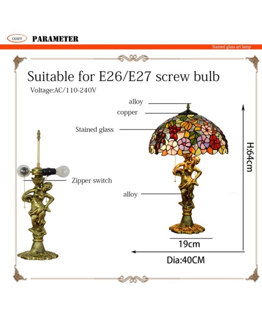 40CM European style Tiffany Art Grape Flower Living Room Lamp with European Decorative Colored Glass Vintage Countryside Lighting