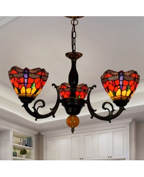 Europa Tiffany Colored Glass Restaurant Bedroom Bar Clubhouse Red Bottom Dragonfly Three Headed Glass Hanging Lamp