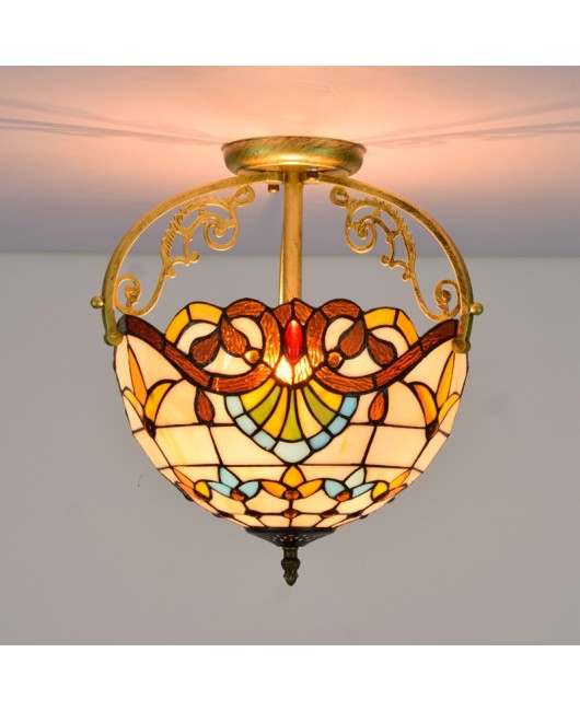 30CM European style Tiffany retro Baroque colored glass restaurant bedroom hallway glass semi ceiling light