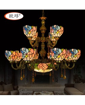 Europa Tiffany Country Hotel Restaurant Multi Head Crystal Art Bird Pendant Glass Villa 15 Headlights