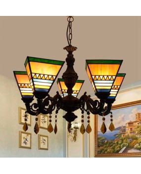 Europa Tiffany Colored Glass Restaurant Bedroom Bar Clubhouse Internet Cafe Warm Square Crystal 5-Head Pendant Light