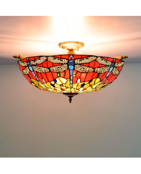 65CM Europa Tiffany Art Celebration Colorful Glass Small Living Room Restaurant Bar Bedroom Dragonfly Semi Ceiling Light