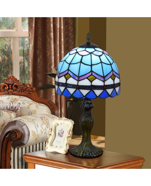 Minimalist European Blue Mediterranean Tiffany Colored Glass Bedhead Desk Lamp 20CM Small Light Fixture