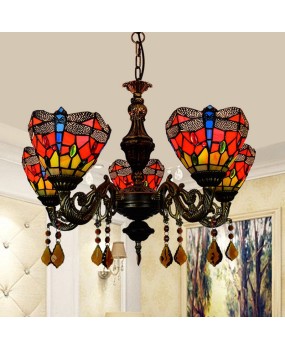 Europa Tiffany Countryside Colored Glass Living Room Dining Room Bedroom Bar Red Creative Dragonfly 5-Head Hanging Light Fixture