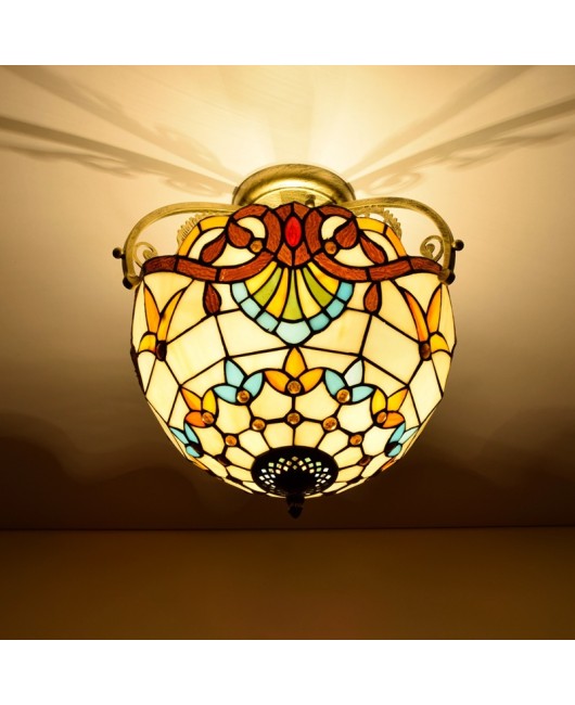 30CM European style Tiffany retro Baroque colored glass restaurant bedroom hallway glass semi ceiling light