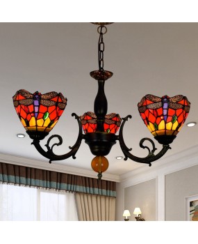 Europa Tiffany Colored Glass Restaurant Bedroom Bar Clubhouse Red Bottom Dragonfly Three Headed Glass Hanging Lamp