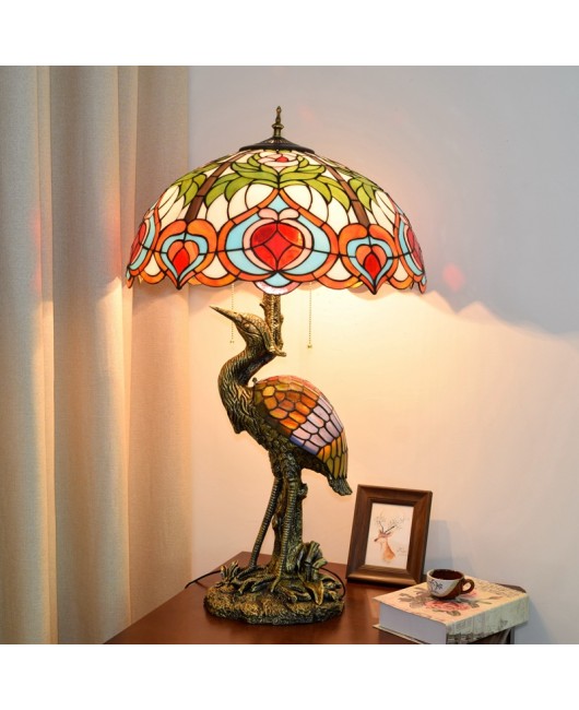 Europa Tiffany Retro Creation Male Crane Desk Lamp Colored Glass Living Room Restaurant Hotel Bar Peach Glass Lamp
