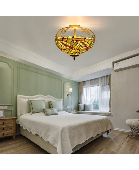 40CM European style Tiffany retro green background dragonfly colored glass restaurant bedroom corridor glass ceiling light
