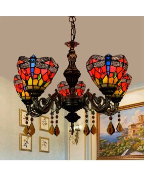 Europa Tiffany Countryside Colored Glass Living Room Dining Room Bedroom Bar Red Creative Dragonfly 5-Head Hanging Light Fixture