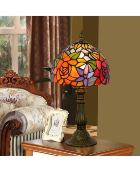 American style European style Tiffany colored glass rose personalized decoration bedroom bedside table lamp bar 20CM lamp