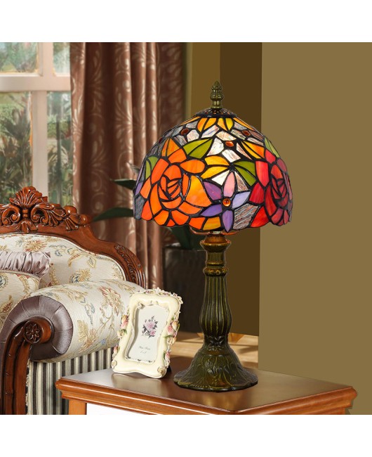 American style European style Tiffany colored glass rose personalized decoration bedroom bedside table lamp bar 20CM lamp