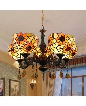 Europa Tiffany Countryside Creative Colored Glass Sunflower Retro Bar Living Room Dining Room 5-Head Crystal Pendant Light