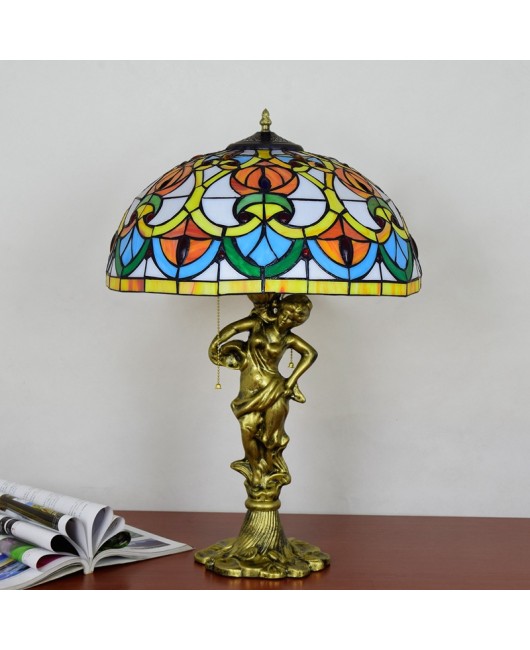 40CM Europa Tiffany Peach Heart Beads Retro Colored Glass Hotel Living Room Dining Room Bedroom Desk Lamp Aluminum Alloy