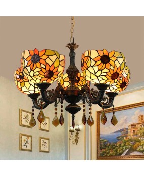 Europa Tiffany Countryside Creative Colored Glass Sunflower Retro Bar Living Room Dining Room 5-Head Crystal Pendant Light