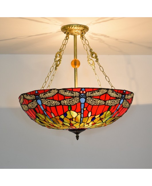 60CM vintage red background dragonfly European style Tiffany European colored glass living room dining room bedroom pendant light