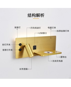 Cross border minimalist hotel rooms, wall lights, bedrooms, headboards, creative Nordic USB wireless charging, homestay reading spotlights
