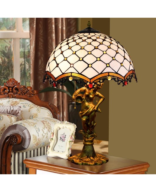 40CM Euro Tiffany Mediterranean White Beads Colored Glass Living Room Dining Room Bedroom Beauty Alloy Desk Lamp