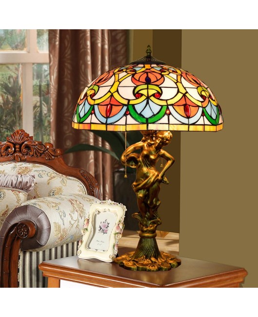 40CM Europa Tiffany Peach Heart Beads Retro Colored Glass Hotel Living Room Dining Room Bedroom Desk Lamp Aluminum Alloy