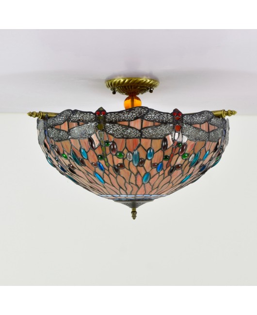 55CM European Tiffany Colored Glass Guest Restaurant Bar Bedroom Retro Ceiling Light Red Bottom Dragonfly Celebration Light