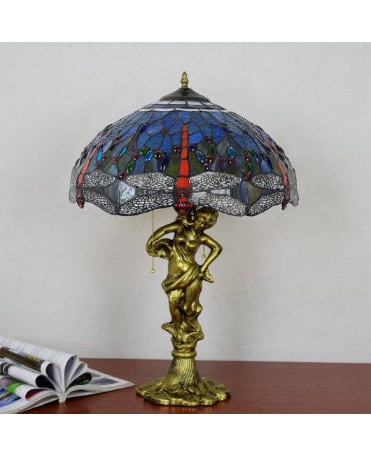 40CM Europa Tiffany Mediterranean Blue Dragonfly Colored Glass Bar Restaurant Bedroom Beauty Desk Lamp