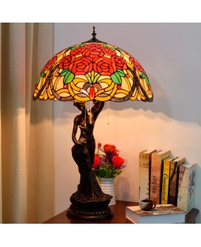 European retro creative rose decoration, Tiffany colored glass retro living room beauty table lamp