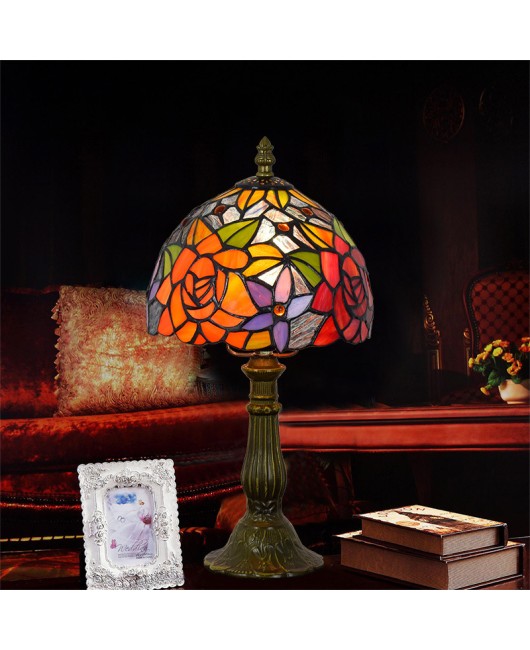 American style European style Tiffany colored glass rose personalized decoration bedroom bedside table lamp bar 20CM lamp