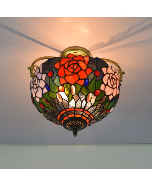 30CM European style Tiffany countryside rose colored glass restaurant bedroom hallway bathroom glass ceiling light