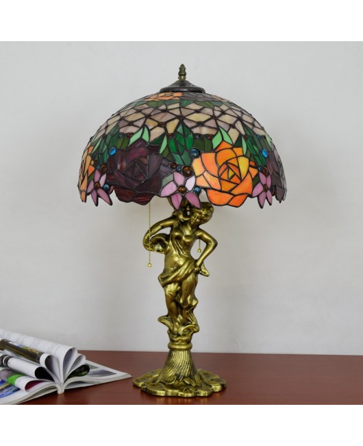 40CM Europa Tiffany Colorful Rose Glass Living Room Dining Room Bedroom Desk Lamp Beauty Base Hotel