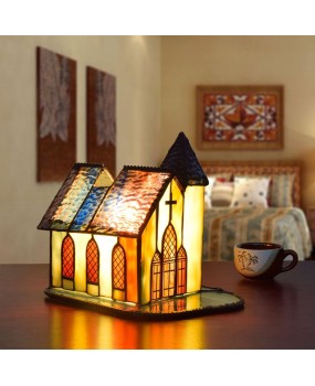 Europa Tiffany Vintage Small House Art Bedroom Bedhead Nightlight Feeding Bar Light Church Glass Desk Lamp